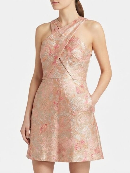 Vince Camuto Dresses & Skirts - Vince Camuto Pink Metallic Brocade Crisscross Mini Dress